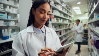 female pharmacist checking inventory on a tablet device