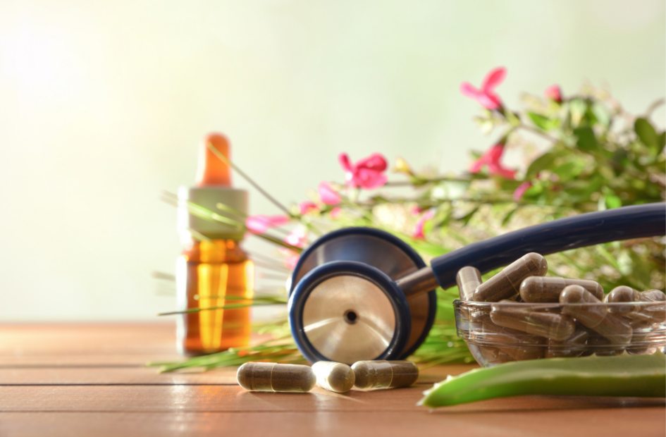 natural medicine and supplements with a stethoscope