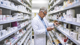 retail pharmacist checking medication in a pharmacy stock room