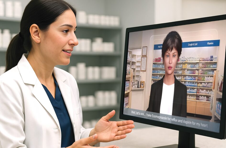 female pharmacist in front of screen simulation