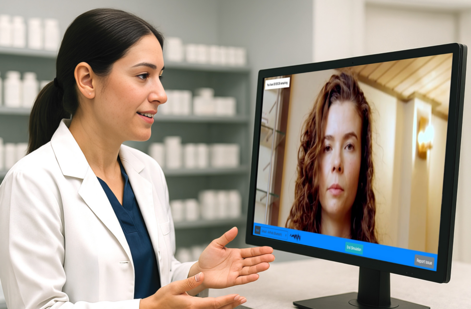 female pharmacist doing ai simulation on screen
